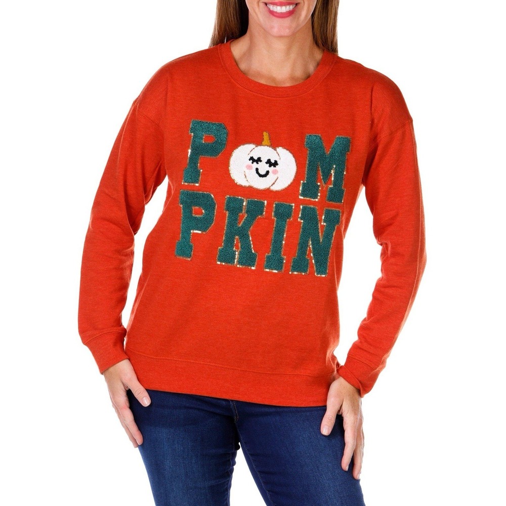 NWOT Auneliese Pumpkin Pullover CrewNeck Sweatshirt Orange Embroidered Patches S